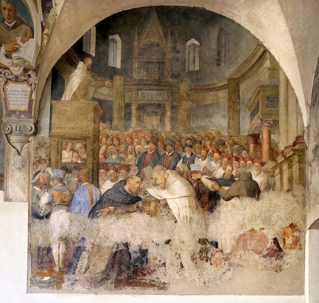 Chiostro - Storie di San Francesco, Ognissanti (Firenze), incontro di Francesco, Domenico e angelo carmelitano al Laterano